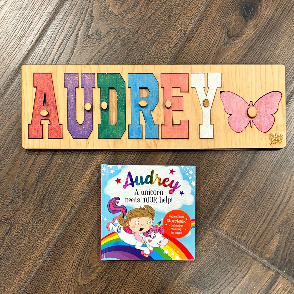 Personalized Wooden Name Puzzle with Book - Audrey